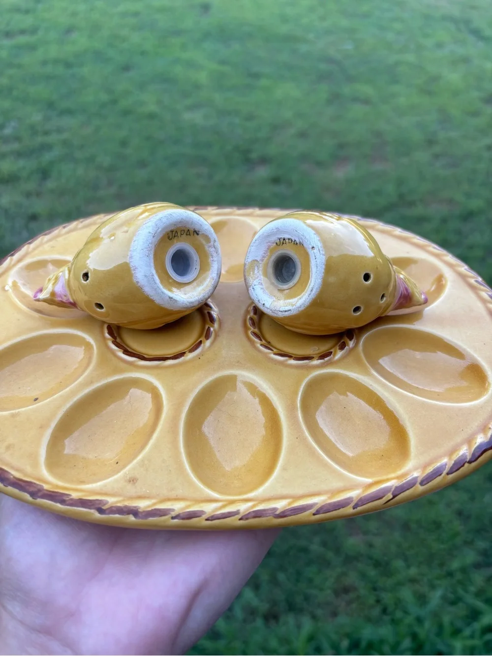 Vintage Faience Platter with Chicken Shakers